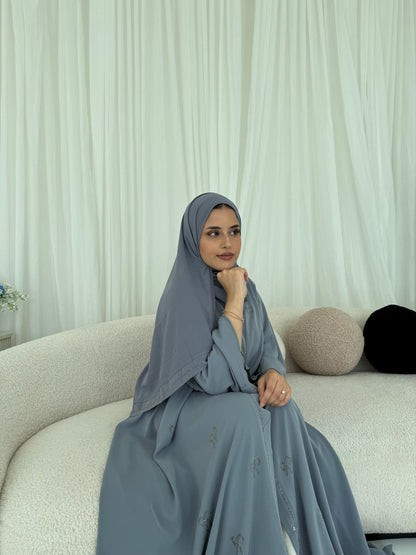 Leen Grey Bow Stone Embellished Abaya | Elegant Statement Modest Wear with Matching Chiffon Hijab