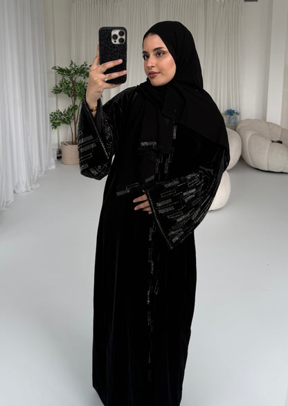 Lamis Velvet Stone Embellished Abaya | Luxurious Elegant Modest Wear with Matching Chiffon Hijab