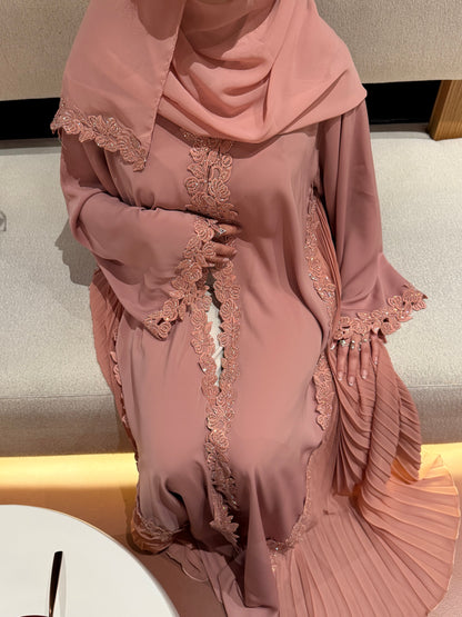 Layla abaya | Luxe stone embellished lace & pleated abaya