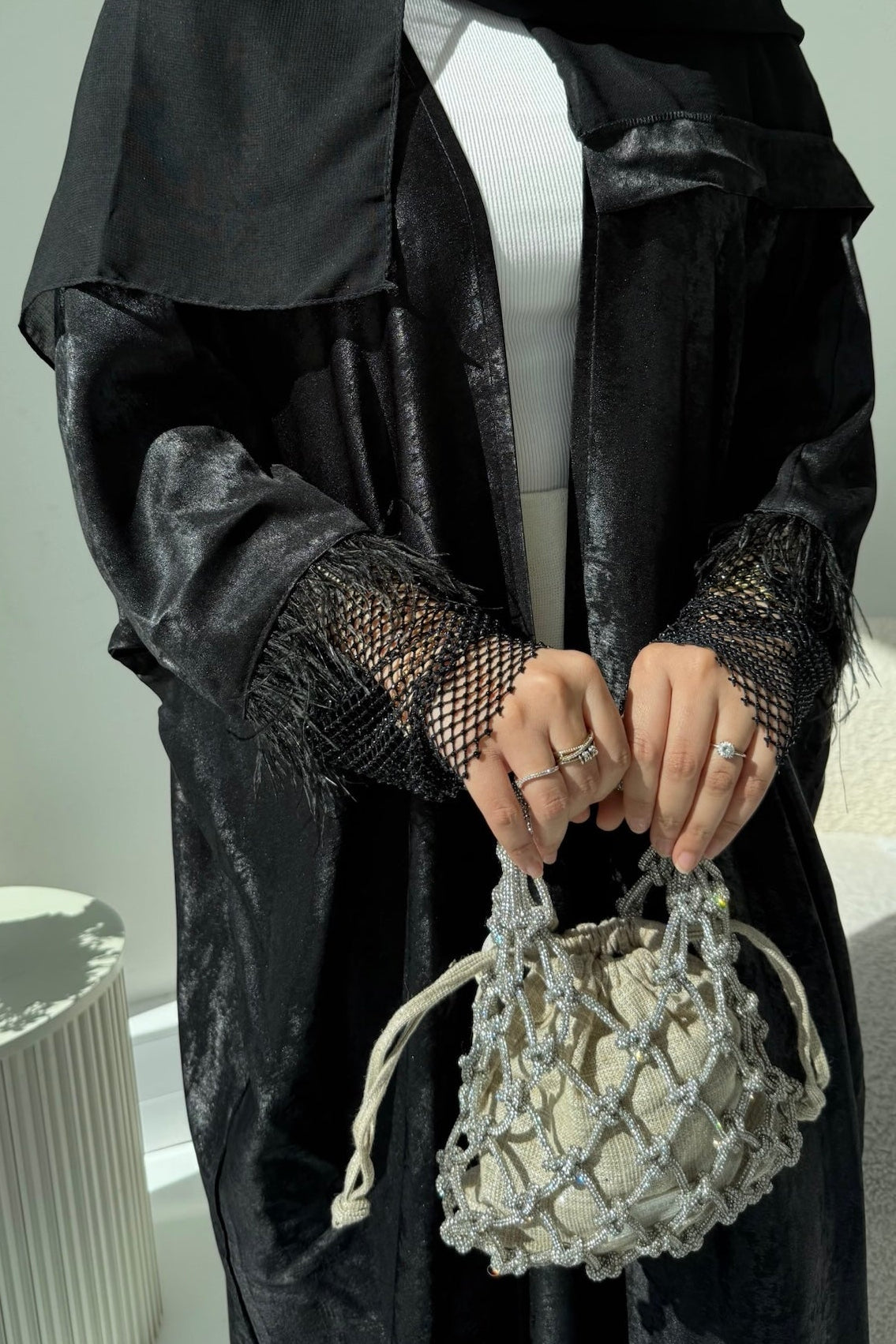 Safaa Satin Feathery Abaya | Metallic Satin Net Elegant Modest Wear with Matching Chiffon Hijab