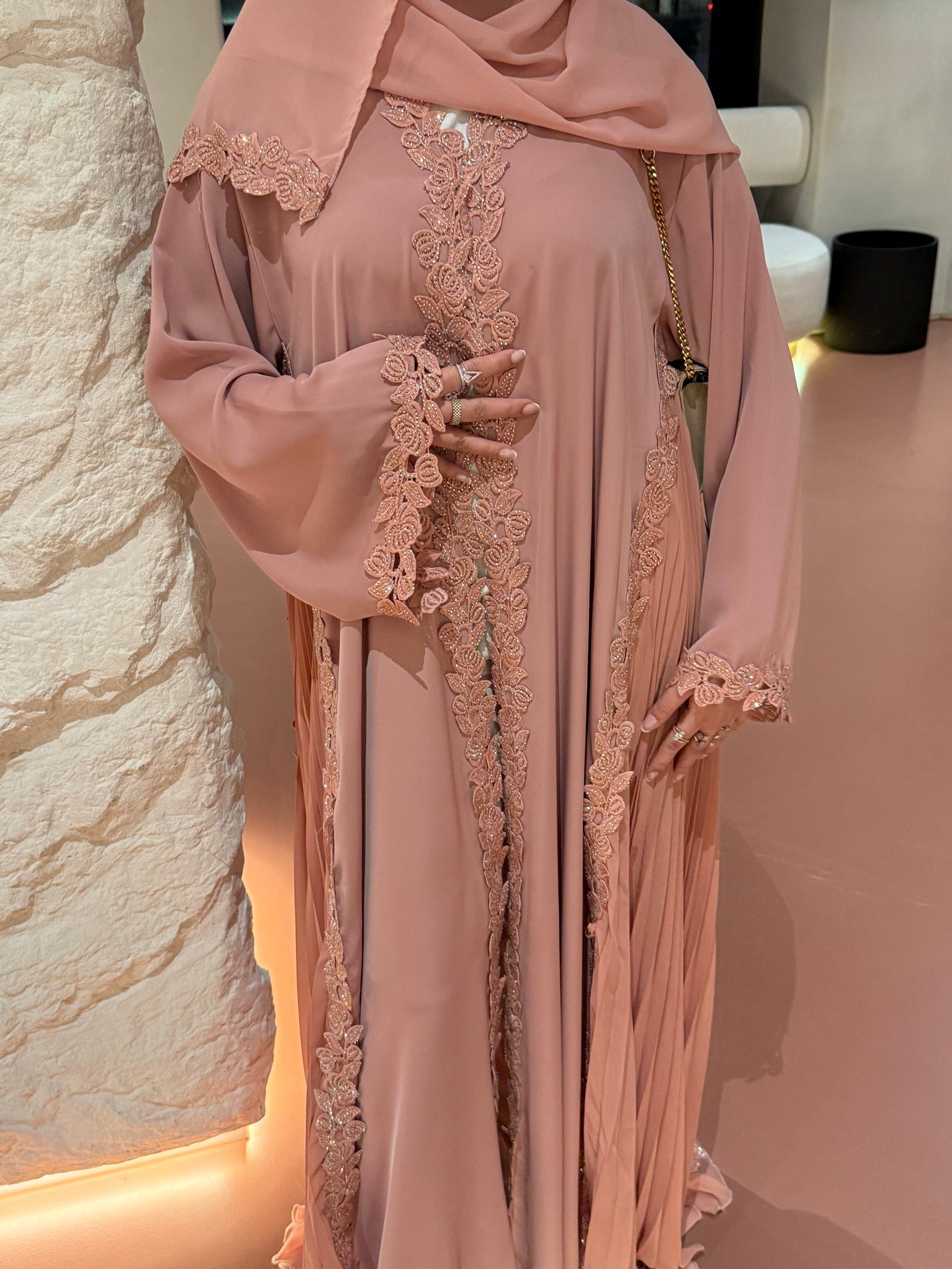 Layla abaya | Luxe stone embellished lace & pleated abaya
