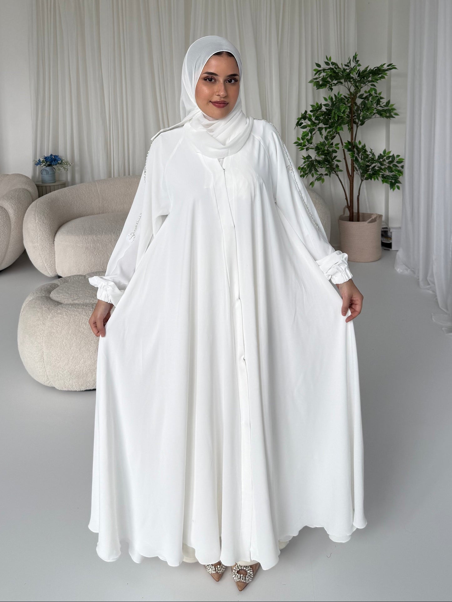 Lujain White Embellished Abaya with Stone & Velvet Detailing | Elegant Modest Wear with Matching Chiffon Hijab