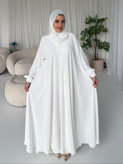 Lujain White Embellished Abaya with Stone & Velvet Detailing | Elegant Modest Wear with Matching Chiffon Hijab