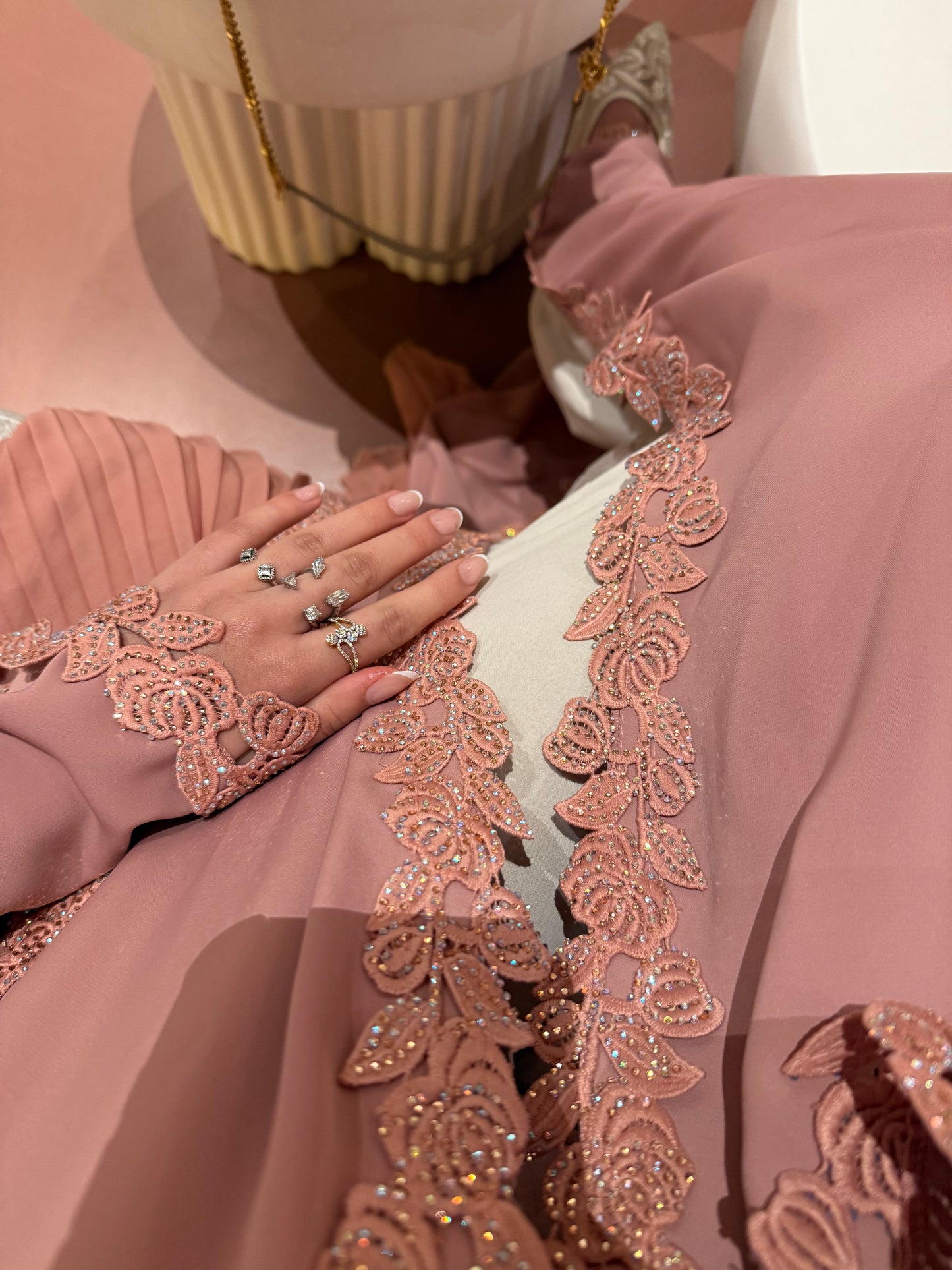 Layla abaya | Luxe stone embellished lace & pleated abaya