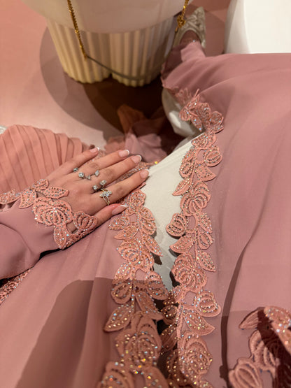 Layla abaya | Luxe stone embellished lace & pleated abaya
