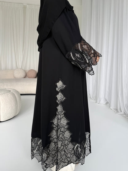 Haneen Black & White Organza Sleeve Abaya | Elegant Contrast Modest Wear with Matching Chiffon Hijab