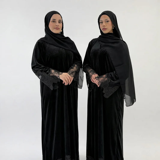 Layali Luxury Black Velvet Flower Sequin Abaya | Elegant Evening Modest Wear with Matching Chiffon Hijab