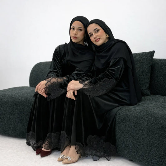 Layali Luxury Black Velvet Flower Sequin Abaya | Elegant Evening Modest Wear with Matching Chiffon Hijab