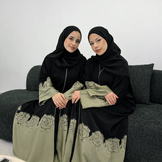 Elara Green Flower Embellished Abaya | Elegant Black & Green Modest Wear with Matching Chiffon Hijab