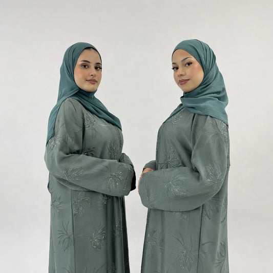 Hawaa Teal Flower Embellished Abaya | Elegant Floral Modest Wear with Matching Chiffon Hijab