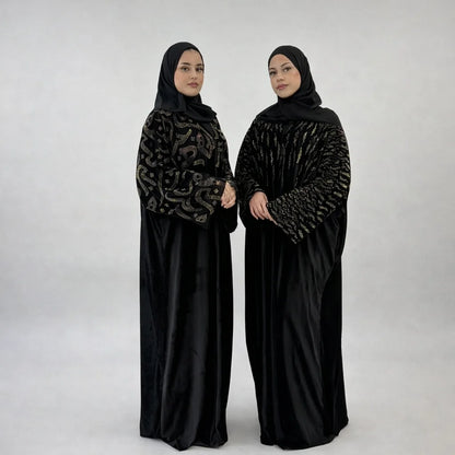 Amira Arabic Embellished Velvet Abaya | Luxury Black Modest Wear with Matching Chiffon Hijab
