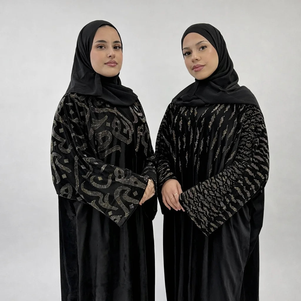 Amira Arabic Embellished Velvet Abaya | Luxury Black Modest Wear with Matching Chiffon Hijab