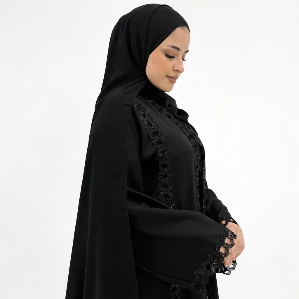 Leena Black Embellished Cutwork Abaya | Elegant Sequin Modest Wear with Matching Chiffon Hijab