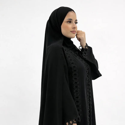 Leena Black Embellished Cutwork Abaya | Elegant Sequin Modest Wear with Matching Chiffon Hijab