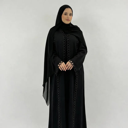 Leena Black Embellished Cutwork Abaya | Elegant Sequin Modest Wear with Matching Chiffon Hijab