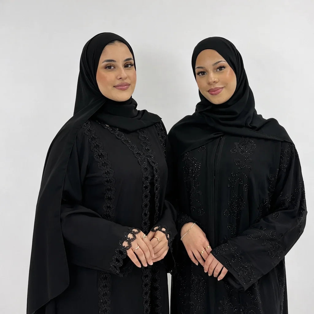 Leena Black Embellished Cutwork Abaya | Elegant Sequin Modest Wear with Matching Chiffon Hijab