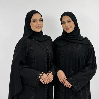 Leena Black Embellished Cutwork Abaya | Elegant Sequin Modest Wear with Matching Chiffon Hijab
