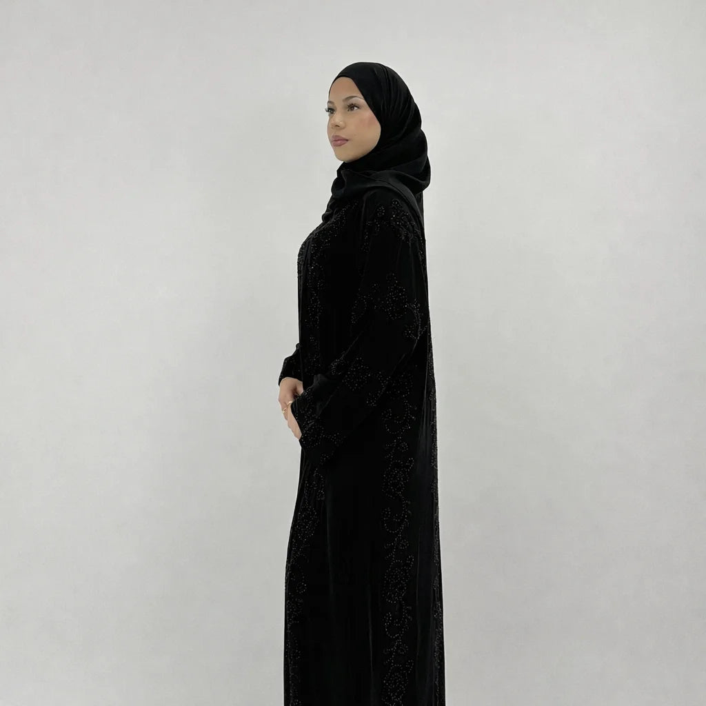 Amani Black Embellished Abaya | Elegant Statement Modest Wear with Matching Chiffon Hijab
