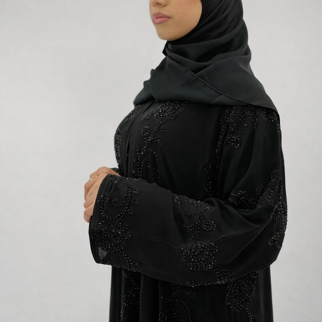 Amani Black Embellished Abaya | Elegant Statement Modest Wear with Matching Chiffon Hijab