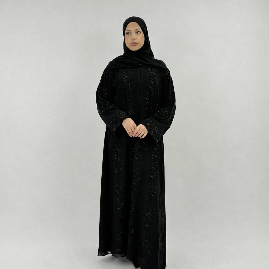 Amani Black Embellished Abaya | Elegant Statement Modest Wear with Matching Chiffon Hijab