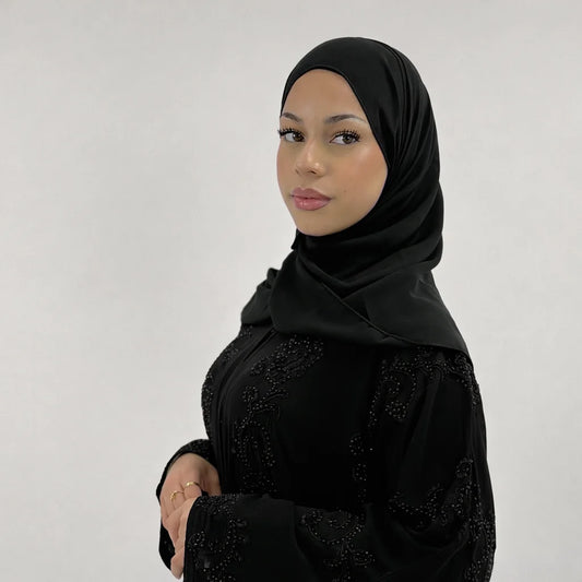 Amani Black Embellished Abaya | Elegant Statement Modest Wear with Matching Chiffon Hijab