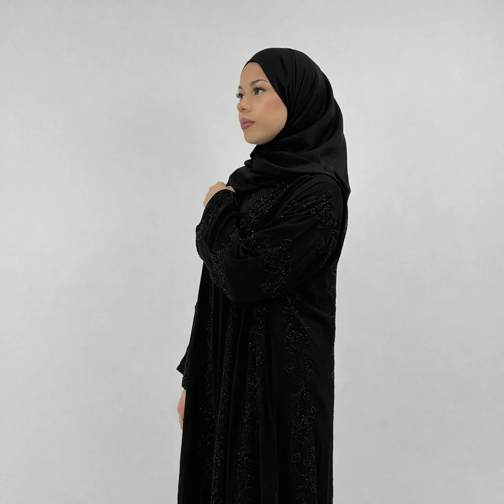 Amani Black Embellished Abaya | Elegant Statement Modest Wear with Matching Chiffon Hijab