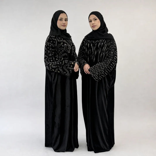 Malaikah Patterned Sequin Embellished Velvet Abaya | Luxury Black Evening Modest Wear with Matching Chiffon Hijab