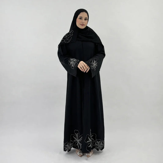 Yasmin Black Abaya with Velvet Flower Sleeves | Elegant Textured Modest Wear with Matching Chiffon Hijab