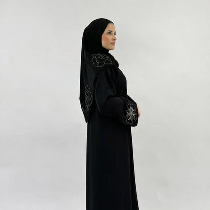 Yasmin Black Abaya with Velvet Flower Sleeves | Elegant Textured Modest Wear with Matching Chiffon Hijab