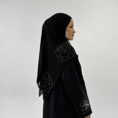 Yasmin Black Abaya with Velvet Flower Sleeves | Elegant Textured Modest Wear with Matching Chiffon Hijab