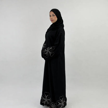 Jasmin Black Abaya with Velvet Flower Sleeve | Elegant Floral Modest Wear with Matching Chiffon Hijab
