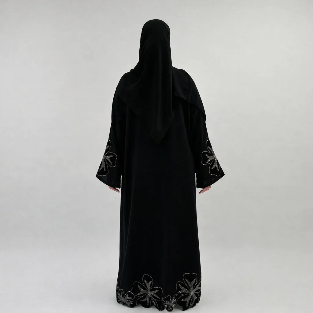 Jasmin Black Abaya with Velvet Flower Sleeve | Elegant Floral Modest Wear with Matching Chiffon Hijab