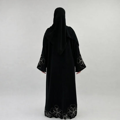 Jasmin Black Abaya with Velvet Flower Sleeve | Elegant Floral Modest Wear with Matching Chiffon Hijab