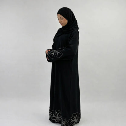Jasmin Black Abaya with Velvet Flower Sleeve | Elegant Floral Modest Wear with Matching Chiffon Hijab