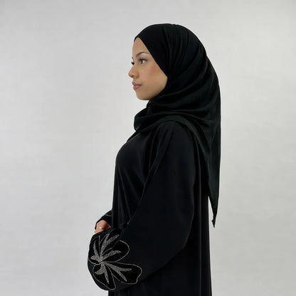 Jasmin Black Abaya with Velvet Flower Sleeve | Elegant Floral Modest Wear with Matching Chiffon Hijab