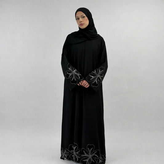 Jasmin Black Abaya with Velvet Flower Sleeve | Elegant Floral Modest Wear with Matching Chiffon Hijab