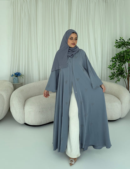 Leen Grey Bow Stone Embellished Abaya | Elegant Statement Modest Wear with Matching Chiffon Hijab