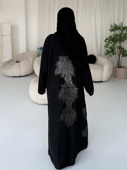 Yumna Black Organza Embellished Abaya | Elegant Statement Modest Wear with Matching Chiffon Hijab