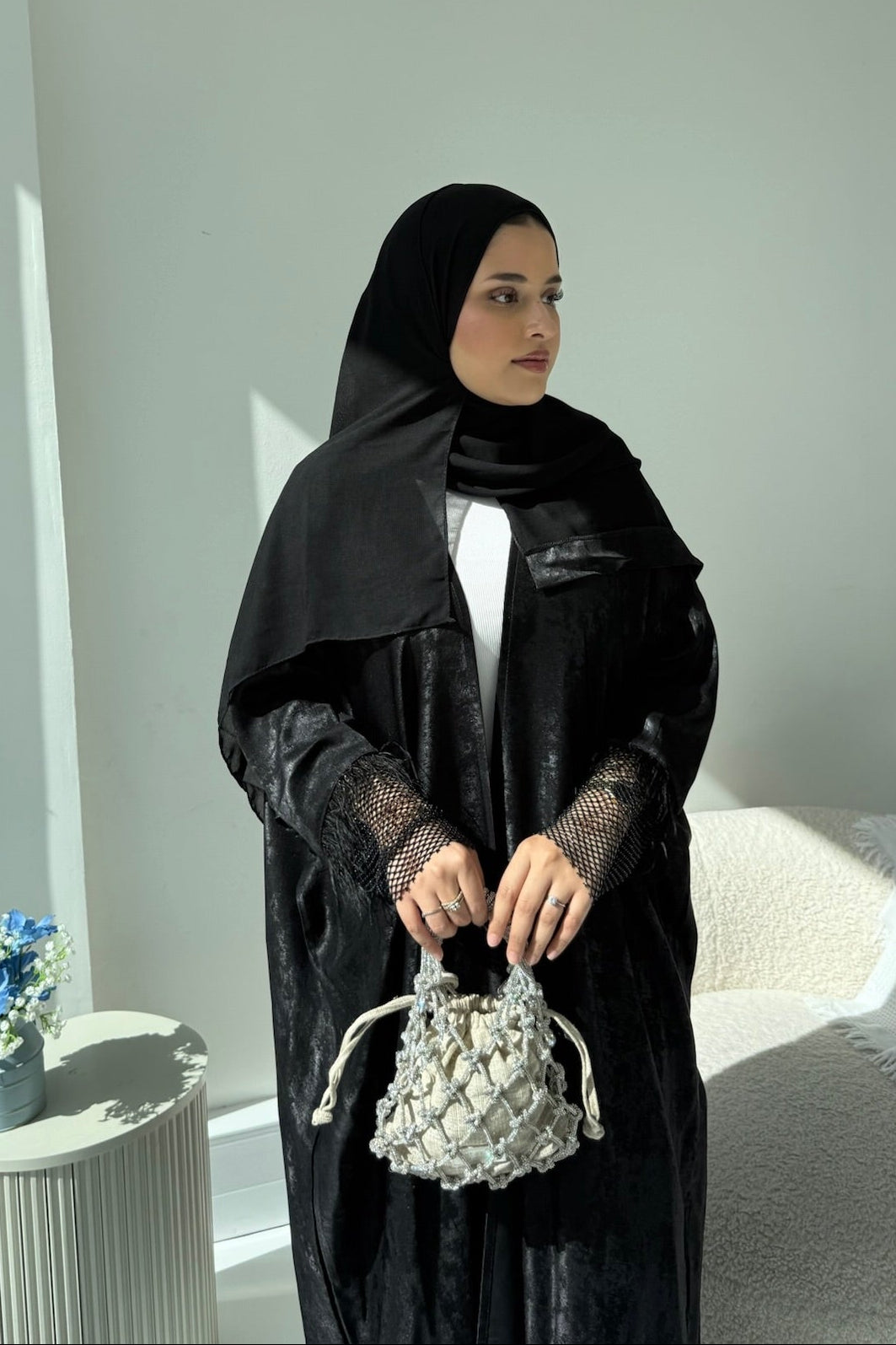 Safaa Satin Feathery Abaya | Metallic Satin Net Elegant Modest Wear with Matching Chiffon Hijab