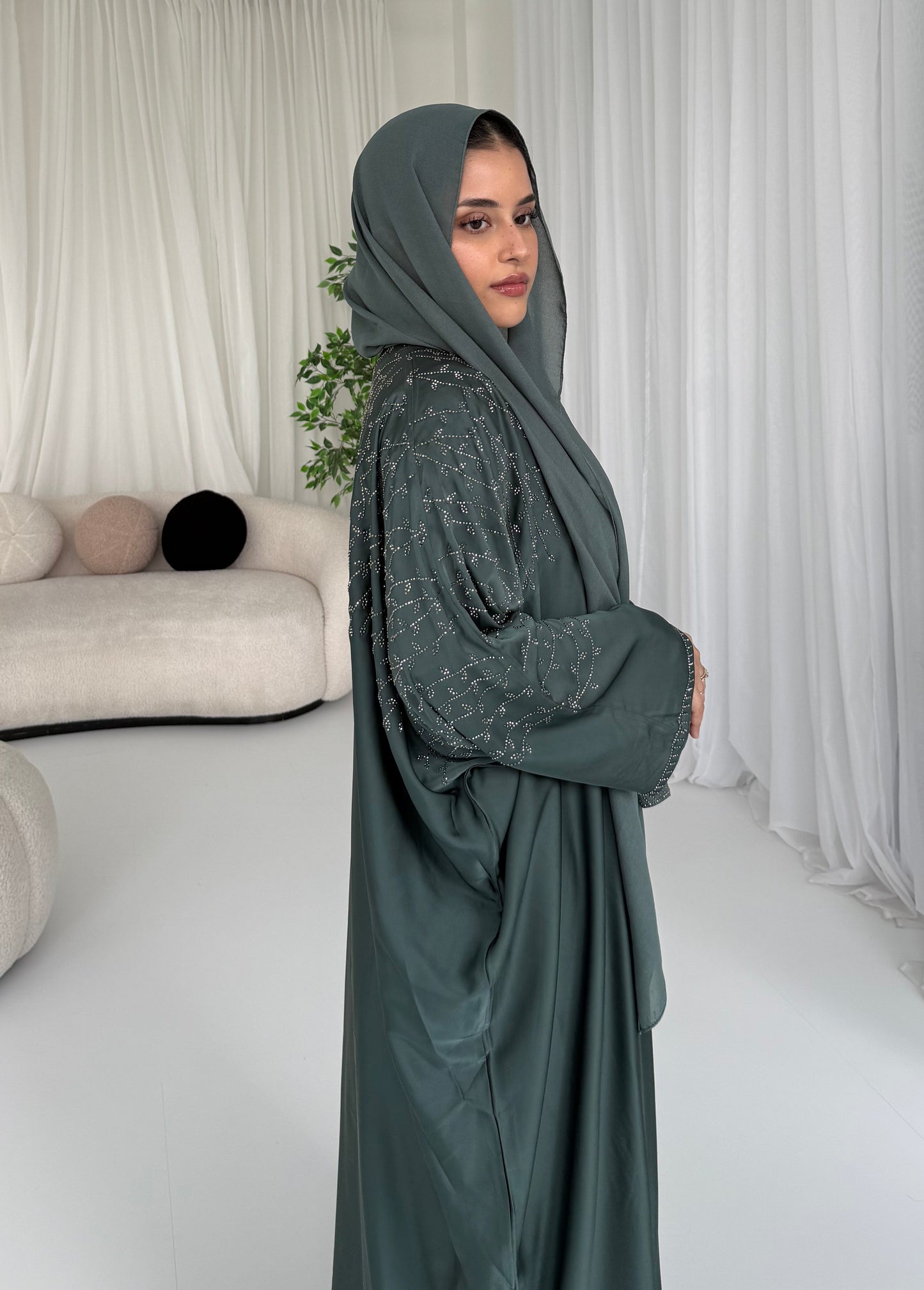 Dalia Teal Stone Embellished Abaya | Elegant Modest Wear with Matching Chiffon Hijab