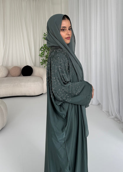Dalia Teal Stone Embellished Abaya | Elegant Modest Wear with Matching Chiffon Hijab