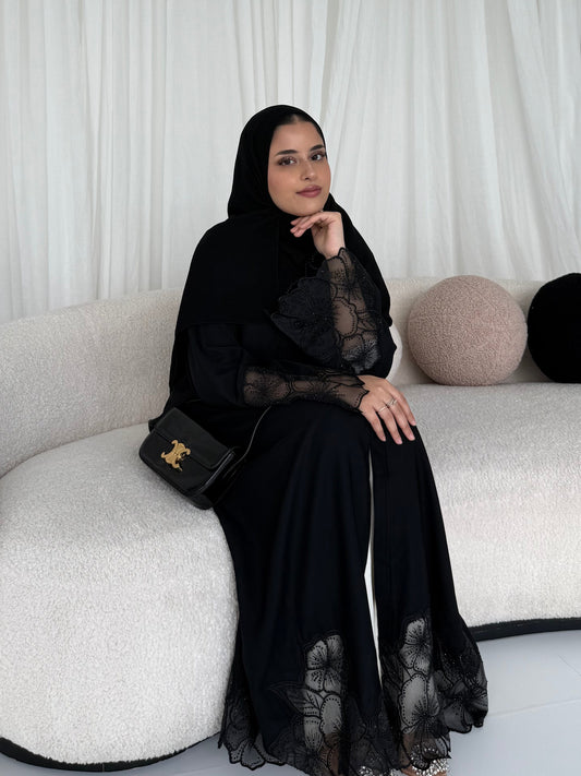 Noura Organza Flower Sleeve Abaya with Black Sequin Embellishment | Elegant Modest Wear with Matching Hijab
