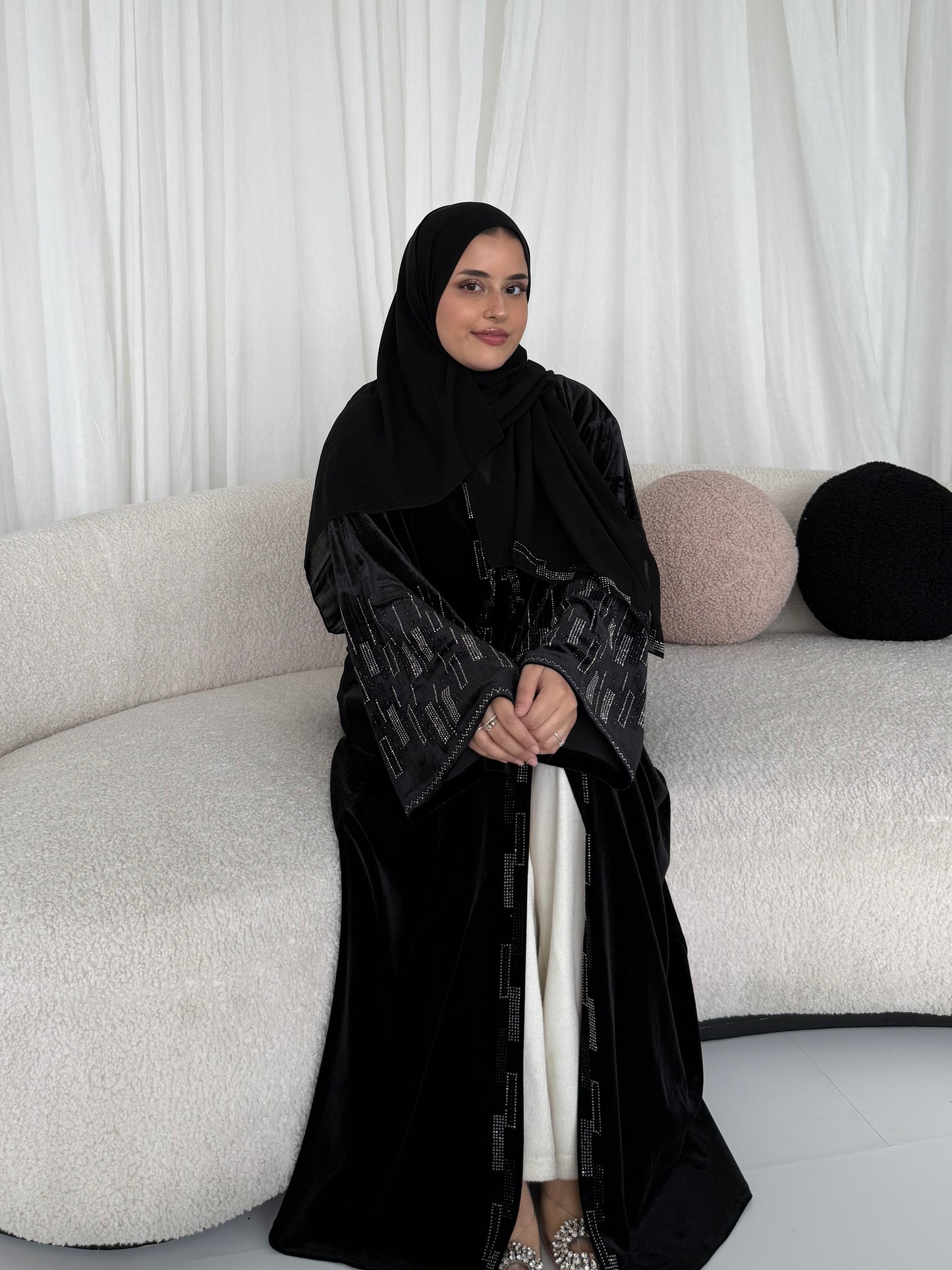 Lamis Velvet Stone Embellished Abaya | Luxurious Elegant Modest Wear with Matching Chiffon Hijab