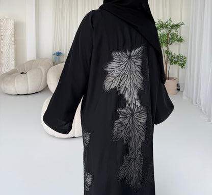 Yumna Black Organza Embellished Abaya | Elegant Statement Modest Wear with Matching Chiffon Hijab