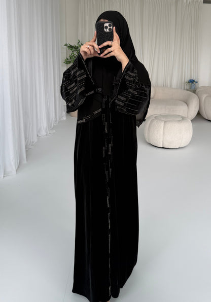 Lamis Velvet Stone Embellished Abaya | Luxurious Elegant Modest Wear with Matching Chiffon Hijab