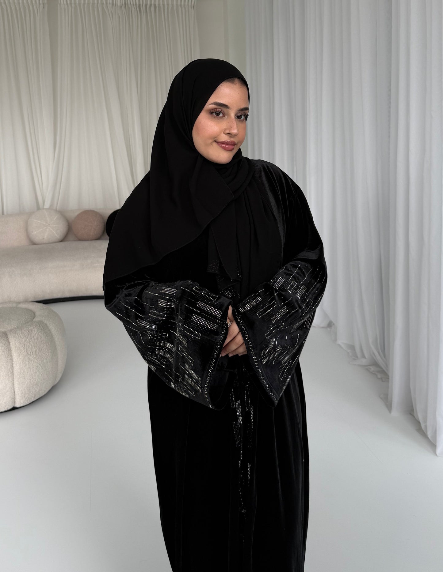 Lamis Velvet Stone Embellished Abaya | Luxurious Elegant Modest Wear with Matching Chiffon Hijab