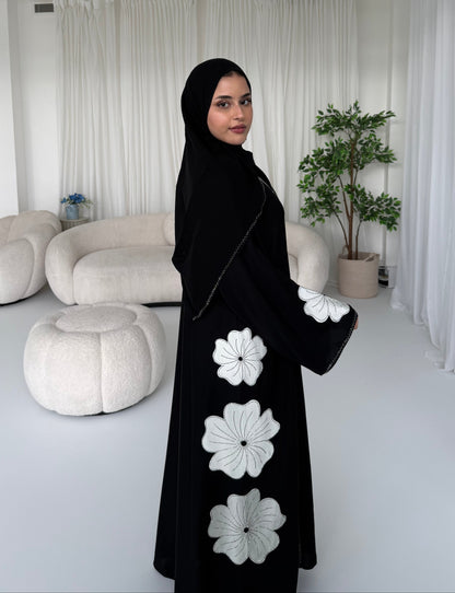 Ranya Flower Embellished Abaya | Elegant Contrast Modest Wear with Matching Chiffon Hijab