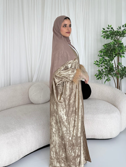 Marwah Satin Feathery Abaya | Metallic Silk Net Elegant Modest Wear with Matching Chiffon Hijab